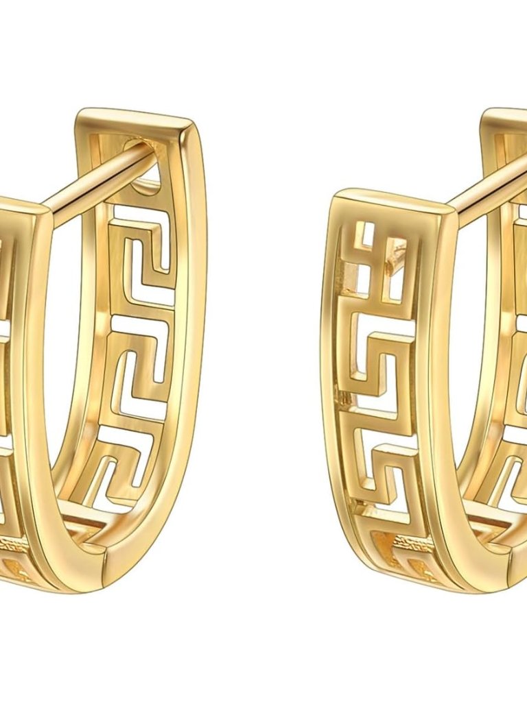 Huggie Hoop Greek Earrings For Women Unique 14k Gold Plated Cutout And 14k White